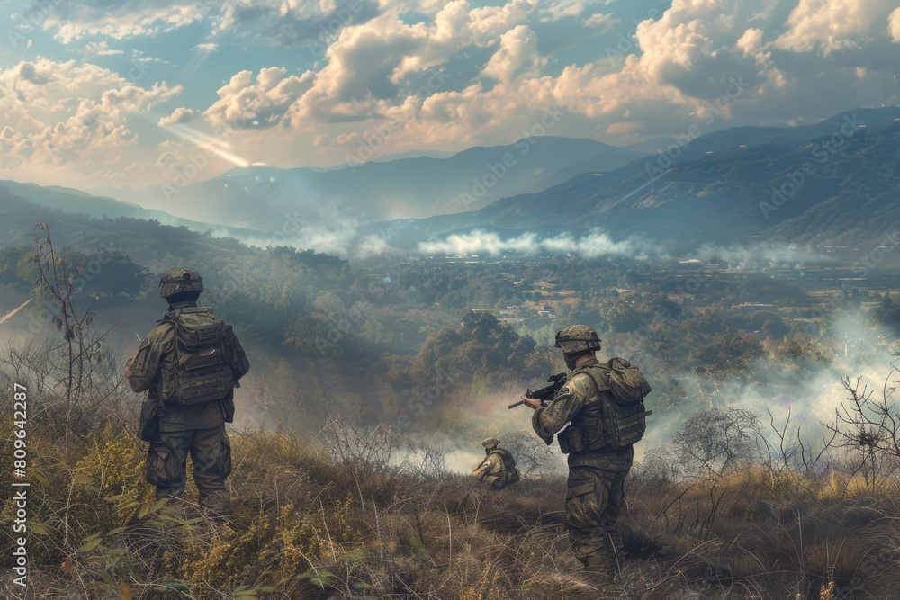 A couple of soldiers are standing in the grass, gathering intelligence for a reconnaissance mission. A couple of soldiers are standing in the grass, gathering intelligence for a reconnaissance mission.