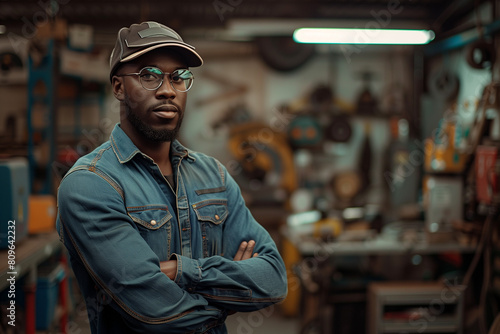 Portrait of one African American professional mechanical in the garage © Miljan Živković