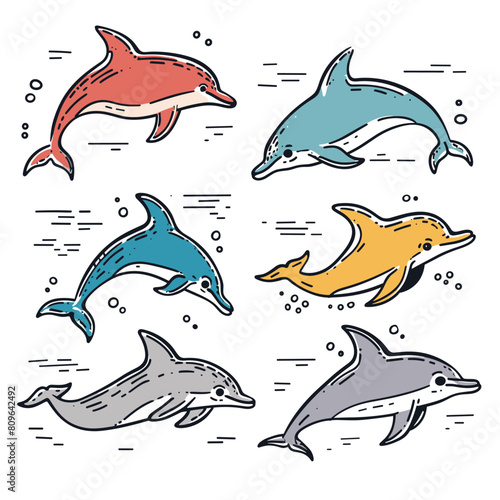 Set colorful dolphins jumping playing underwater. Handdrawn style dolphins, distinct color dynamic pose. Marine life illustration featuring playful dolphin characters