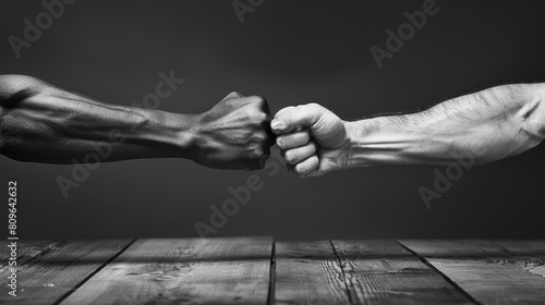 Two rivals engaged in arm wrestling. Black and white, toned, isolated image. photo