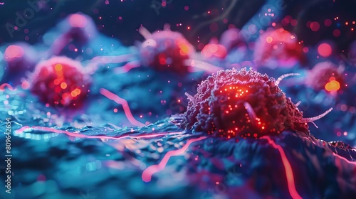 A dynamic representation of cancer cell development from microscale to macroscale, depicted with neon enhancements to underline the critical features in medical research