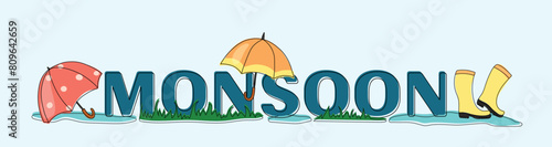 Monsoon season simple vector illustration. Text monsoon with umbrella, rubber boots and puddle. Rainy season header, banner,invitation, sale