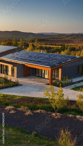 Modern Solar Homes, Newly Constructed Houses with Dark Solar Panels under Bright Skies