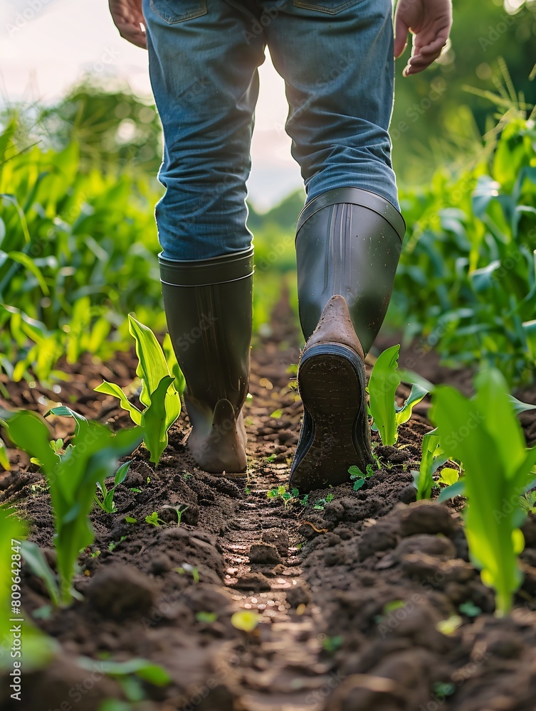 Fototapeta premium An agricultural professional strolls through fields of crops in rubber footwear, overseeing their growth and development.