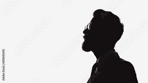 Isolated on white, a silhouette of a man in a business suit with glasses and a beard looks forward with a blank space for your text.