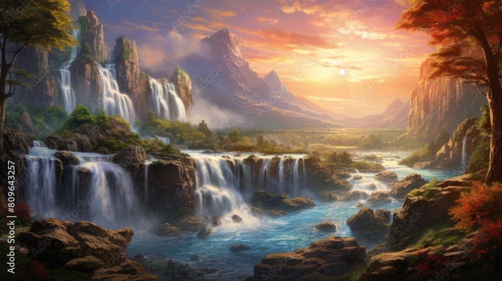 Fototapeta premium Epic waterfall watercolor illustration - Generative AI. Waterfall, autumn, tree, blue, sky.