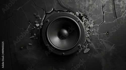 Black and white image of membrane sound speakers on a black background with cracks. Handwritten text on the image reads, "Power of Bass."