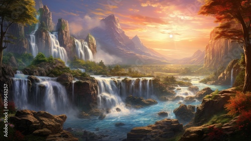 Epic waterfall watercolor illustration - Generative AI. Waterfall, autumn, tree, blue, sky.