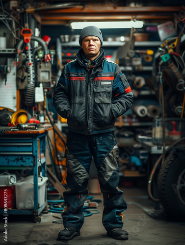 Portrait of one mature caucasian professional mechanical in the garage