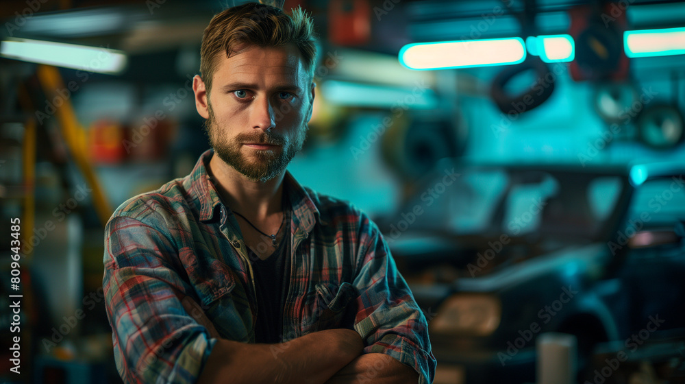 Portrait of one caucasian professional mechanical in the garage Portrait of one caucasian professional mechanical in the garage