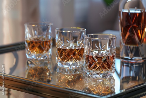A tray showcasing a set of crystal whiskey glasses and a bottle on a polished bar.