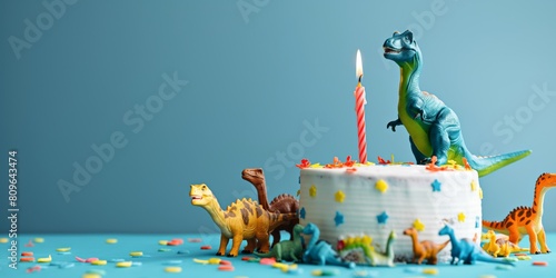 Fototapeta Naklejka Na Ścianę i Meble -  A creative dinosaur-themed birthday cake surrounded by dinosaur figurines and vibrant confetti