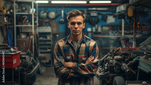 Portrait of one caucasian professional mechanical in the garage