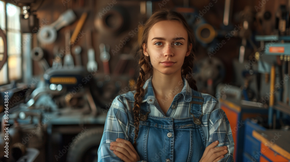 Portrait of one caucasian woman professional mechanical in the garage Portrait of one caucasian woman professional mechanical in the garage