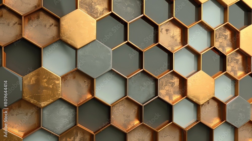 A wall with hexagonal tiles in gold and grey. A wall with hexagonal tiles in gold and grey.