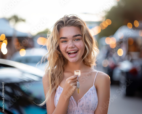 Beautiful girls sweet sixteen celebration, she is  happy and holding a car key in her hand, blurred luxury sports car in the background. photo