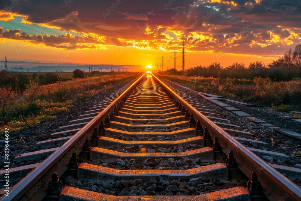 Railroad tracks close-up at dusk. Beautiful simple AI generated image in 4K, unique. Railroad tracks close-up at dusk. Beautiful simple AI generated image in 4K, unique.