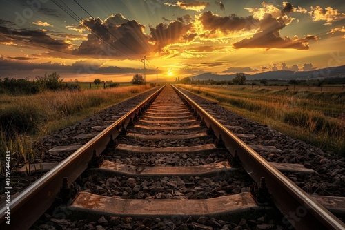 Railroad tracks close-up at dusk. Beautiful simple AI generated image in 4K, unique.