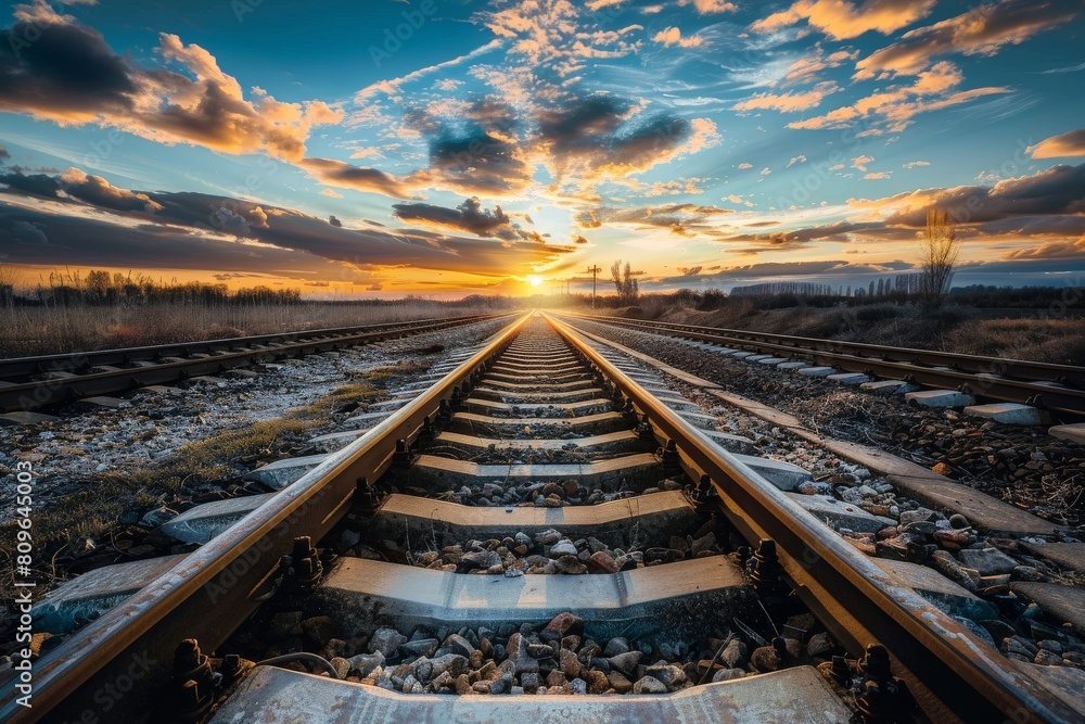 Fototapeta premium Railroad tracks close-up at dusk. Beautiful simple AI generated image in 4K, unique.