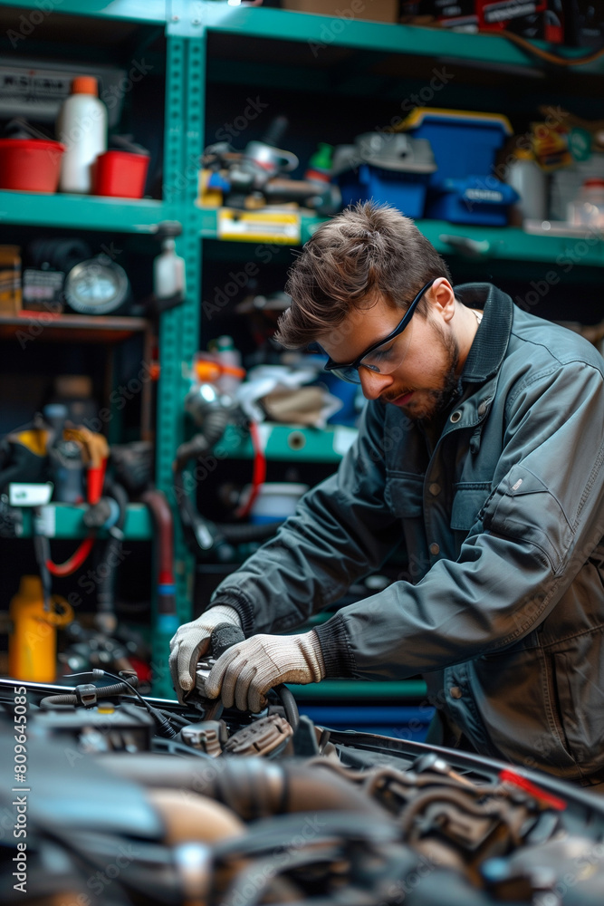 One man professional mechanic work on the car in the garage