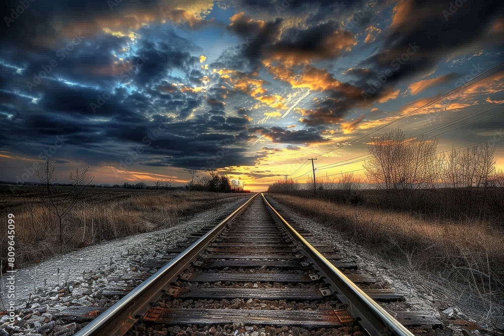 Fototapeta premium Railroad tracks close-up at dusk. Beautiful simple AI generated image in 4K, unique.