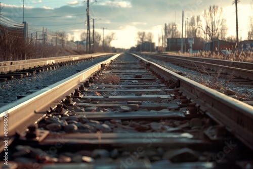 Railroad tracks close-up at dusk. Beautiful simple AI generated image in 4K, unique.