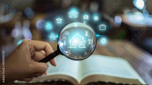 A magnifying glass holds the magnifying glass in front of an open notebook. Among the many icons, a house icon catches the eye. Real estate search, purchase, sale, rent, realtor services.