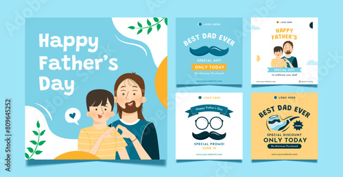 Fathers Day cute hand drawn illustration for social media post. Father and son, family, finger heart pose, mustach, glasses, pipe tobacco.