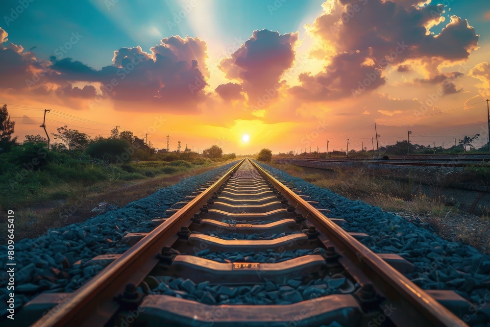Railroad tracks close-up at dusk. Beautiful simple AI generated image in 4K, unique. Railroad tracks close-up at dusk. Beautiful simple AI generated image in 4K, unique.