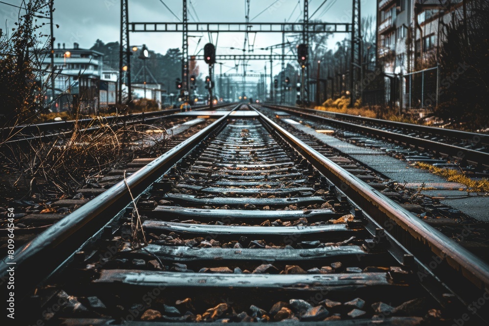 Railroad tracks close-up at dusk. Beautiful simple AI generated image in 4K, unique. Railroad tracks close-up at dusk. Beautiful simple AI generated image in 4K, unique.