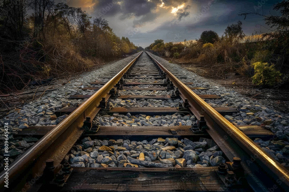Fototapeta premium Railroad tracks close-up at dusk. Beautiful simple AI generated image in 4K, unique.