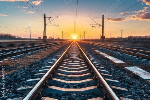 Railroad tracks close-up at dusk. Beautiful simple AI generated image in 4K, unique.