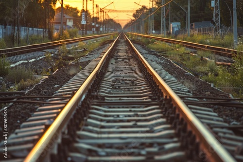 Railroad tracks close-up at dusk. Beautiful simple AI generated image in 4K, unique. © ArtSpree
