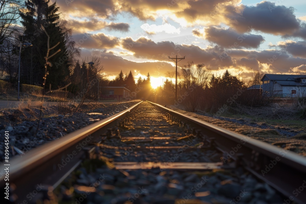Fototapeta premium Railroad tracks close-up at dusk. Beautiful simple AI generated image in 4K, unique.