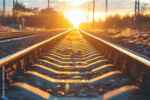 Railroad tracks close-up at dusk. Beautiful simple AI generated image in 4K, unique. photo