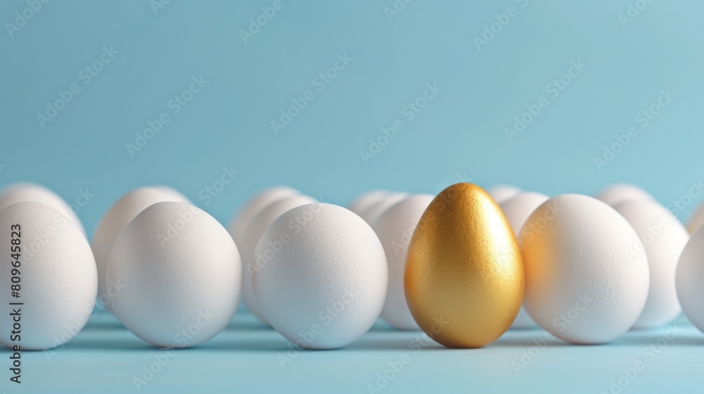 On a blue background, there is a golden egg among white eggs, symbolizing individuality and exclusivity. On a blue background, there is a golden egg among white eggs, symbolizing individuality and exclusivity.