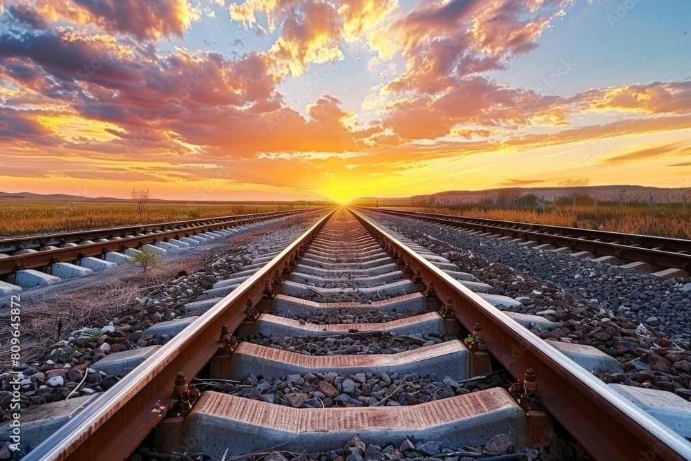Railroad tracks close-up at dusk. Beautiful simple AI generated image in 4K, unique. Railroad tracks close-up at dusk. Beautiful simple AI generated image in 4K, unique.