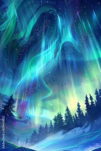 The image captures a stunning display of northern lights, known as aurora, dancing across the sky. photo