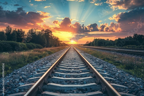 Railroad tracks close-up at dusk. Beautiful simple AI generated image in 4K, unique. photo