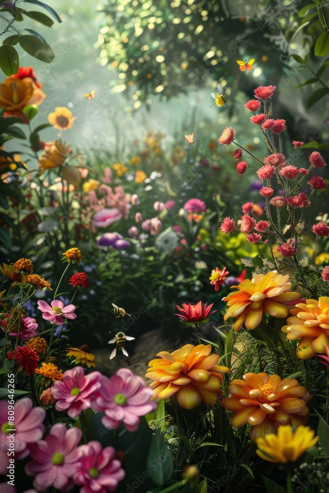 Naklejka premium A breathtaking garden filled with a wide variety of vividly blooming flowers, creating a visually stunning display of colors and textures.