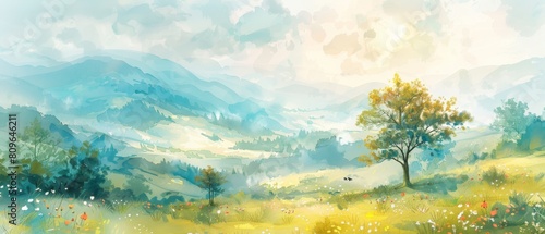 Watercolor style wallpaper a sense of peace settles over the landscape, as nature's beauty unfolds in all its glory.