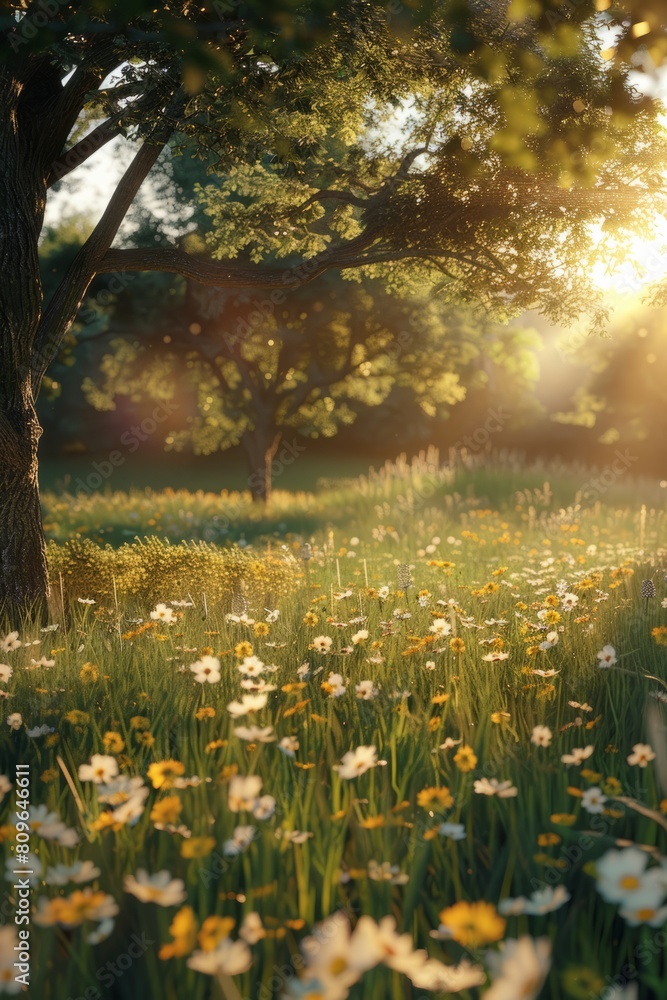 A beautiful field full of colorful flowers and trees, with the sunlight shining through the foliage.