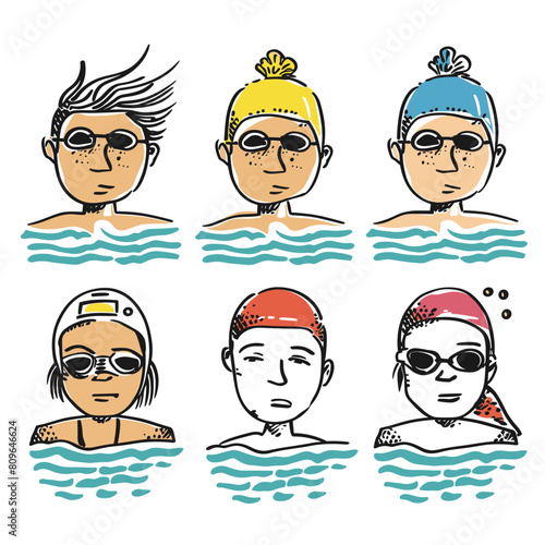 Six swimmers different hairstyles swim caps illustrated water, character sporting unique swimwear accessories goggles. Vibrant colors, diverse swim styles, playful graphic swimming illustration