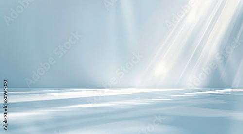 light blue background with soft shadows and rays of sunlight, minimal scene for product presentation template