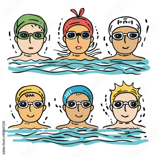 Swimmers wearing goggles swim caps cartoon style water activity. Diverse group swimming pool fun colorful illustration. Hand drawn swim team aquatics sport friendship bonding