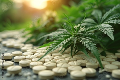 A serene depiction of cannabis leaves softly laying among scattered pharmaceutical pills, symbolizing the blend of traditional and herbal medicine photo
