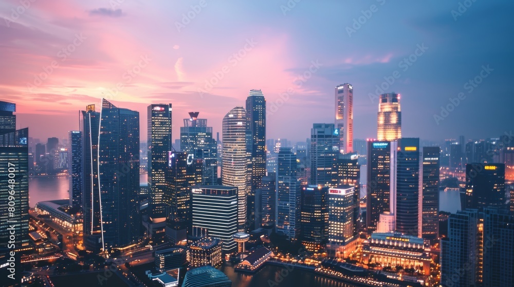 A breathtaking panoramic view of a serene cityscape at twilight, with towering skyscrapers illuminated against a soft, pastel sky. A breathtaking panoramic view of a serene cityscape at twilight, with towering skyscrapers illuminated against a soft, pastel sky.