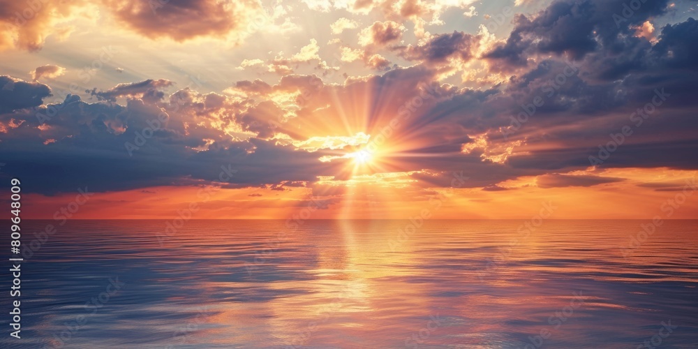 Sunset Over Calm Ocean with Golden Sunrays Streaming Through Clouds. Sea View at Dusk with Sunlight and Clouds. Generative AI Sunset Over Calm Ocean with Golden Sunrays Streaming Through Clouds. Sea View at Dusk with Sunlight and Clouds. Generative AI