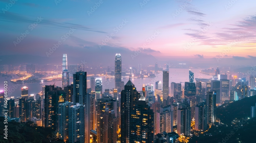 Fototapeta premium A breathtaking panoramic view of a serene cityscape at twilight, with towering skyscrapers illuminated against a soft, pastel sky.