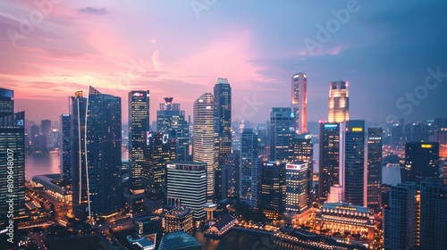 A breathtaking panoramic view of a serene cityscape at twilight, with towering skyscrapers illuminated against a soft, pastel sky.